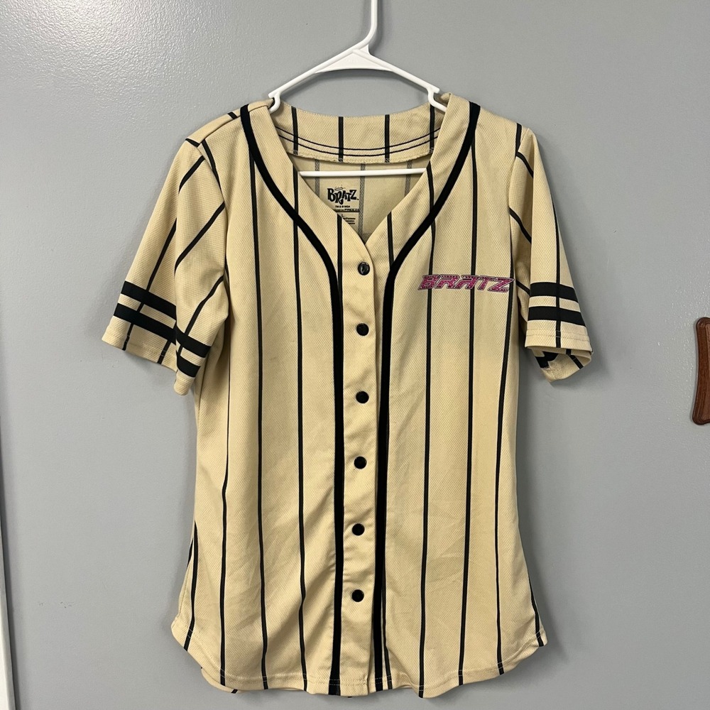 Bratz Girlz Baseball Jersey Tan Pinstripe‎ Rhinestone Graphic Mesh Shirt Large